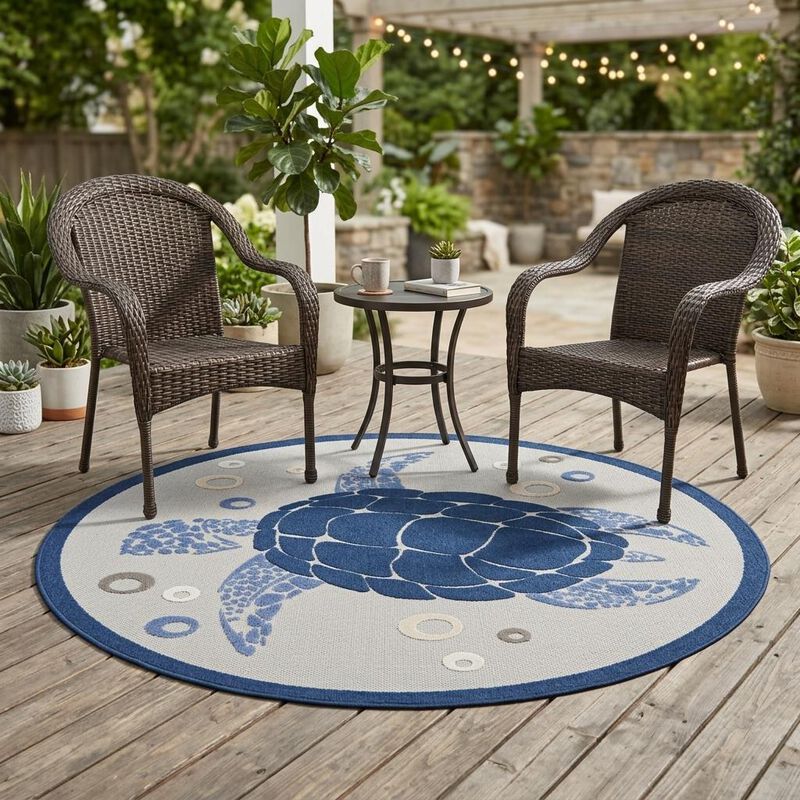HomeRoots Round Sea Turtle Indoor Outdoor Area Rug image number 1