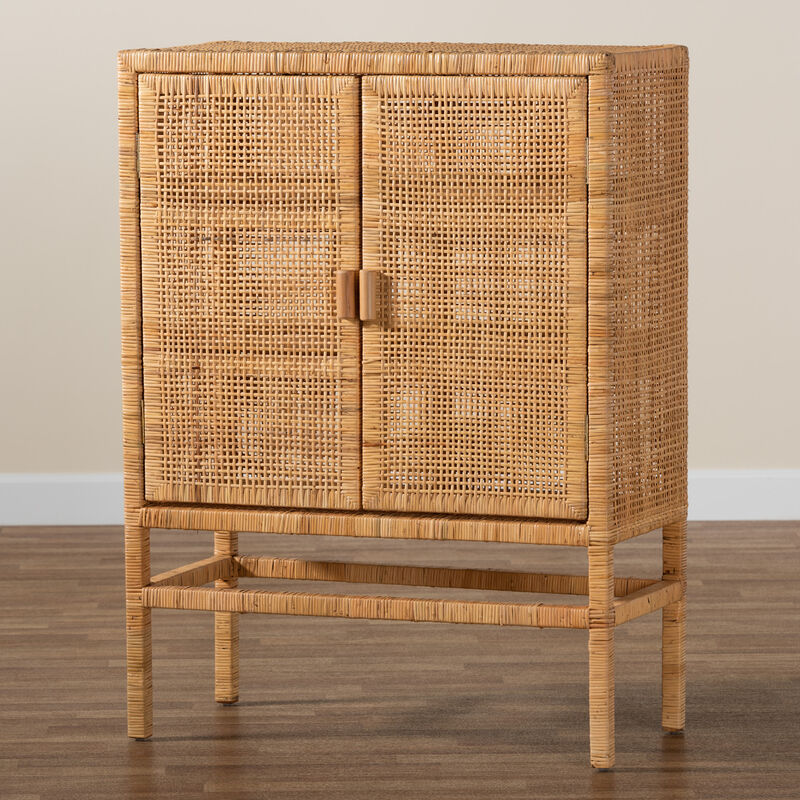 Bali & Pari Vivan Modern Natural Brown Rattan and Mahogany Wood 3-Shelf Storage Cabinet