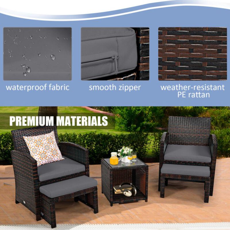 Hivvago 5 Pieces Patio Rattan Furniture Set with Ottoman and Tempered Glass Coffee Table