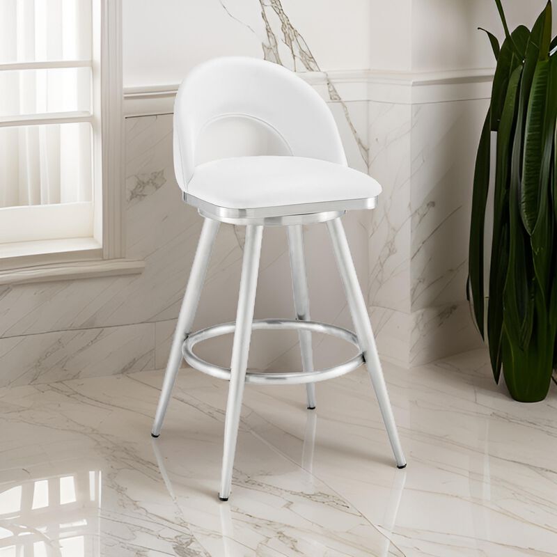 Visy 26 Inch Swivel Counter Stool Chair, Round Back, White Faux Leather - Benzara