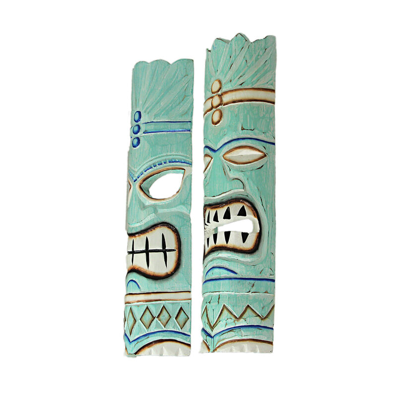 Set of 2 Polynesian Tiki Mask Wall Hangings - 20" - Aqua Blue image number 2