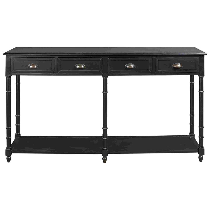 Wooden Console Sofa Table with 4 Spacious Drawers, Black-Benzara