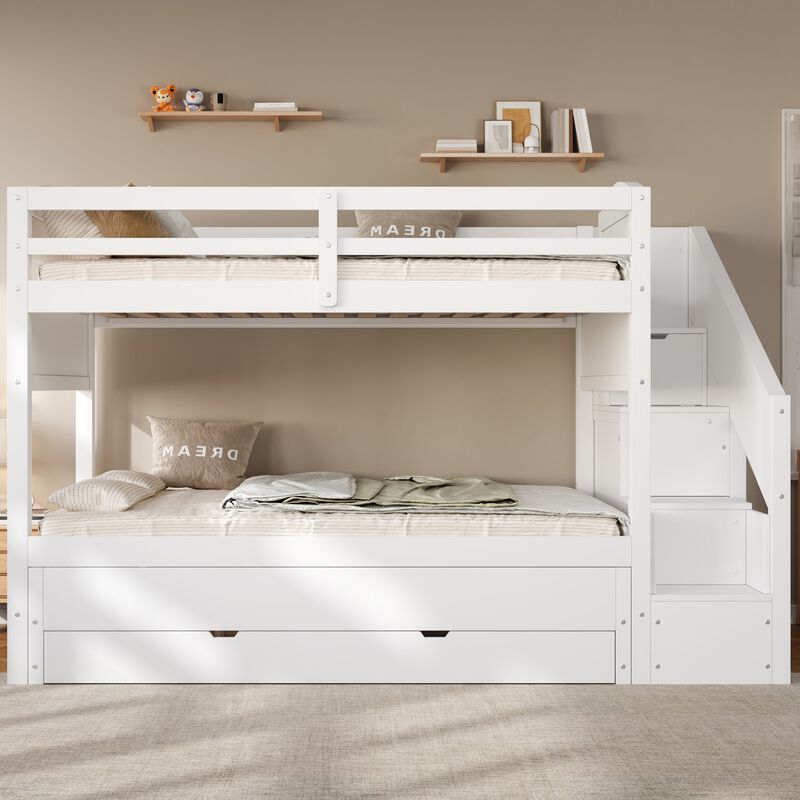Merax Twin XL White Bunk Bed with Trundle, Storage Staircase, Drawers & Wardrobe image number 3