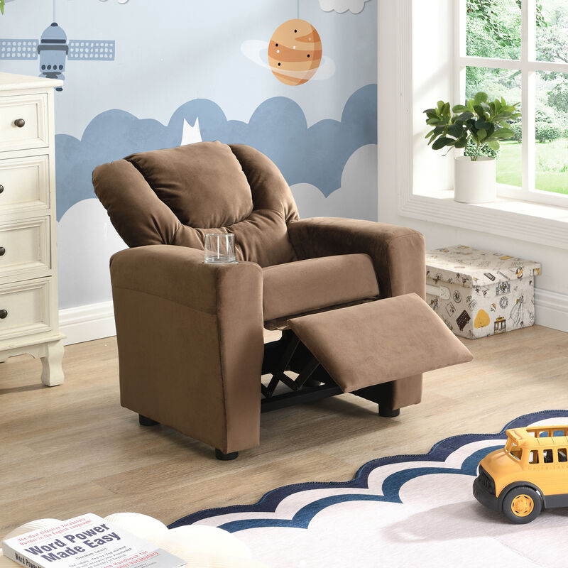 Kids Recliner Chair, Kids Upholstered Couch with One Cup Holder, Footrest, Backrest, Toddlers Velvet Recliner with Headrest and Footrest