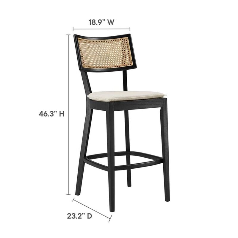 Modway Caledonia 46.5 Inch Elm Wood Bar Stools - Set of 2 in Black Beige - Padded Bar Stools with Rattan Back and Removable Cushion Cover - 2Pc High Bar Chairs with Footrest - Armless Bar Stools image number 7