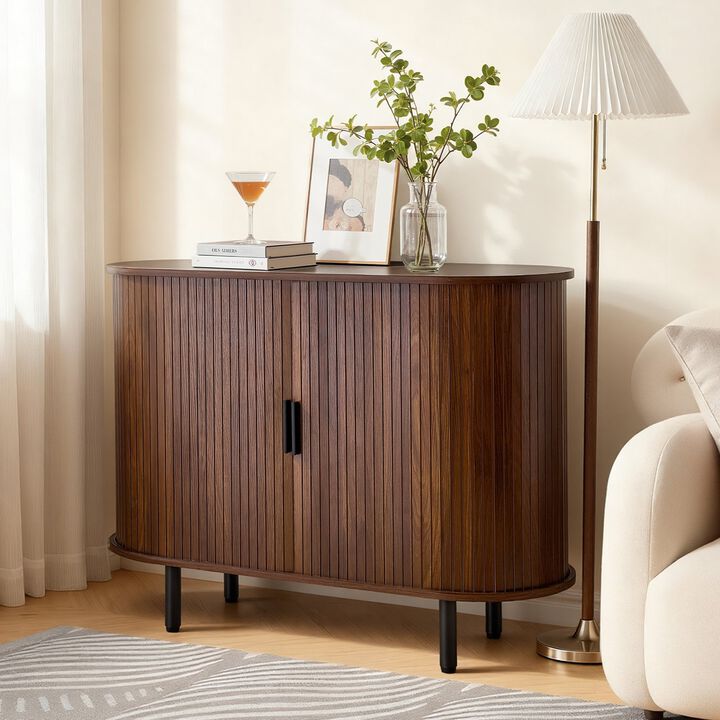 Mid Century Fluted Coffee Bar Cabinet with 2 Sliding Doors Walnut