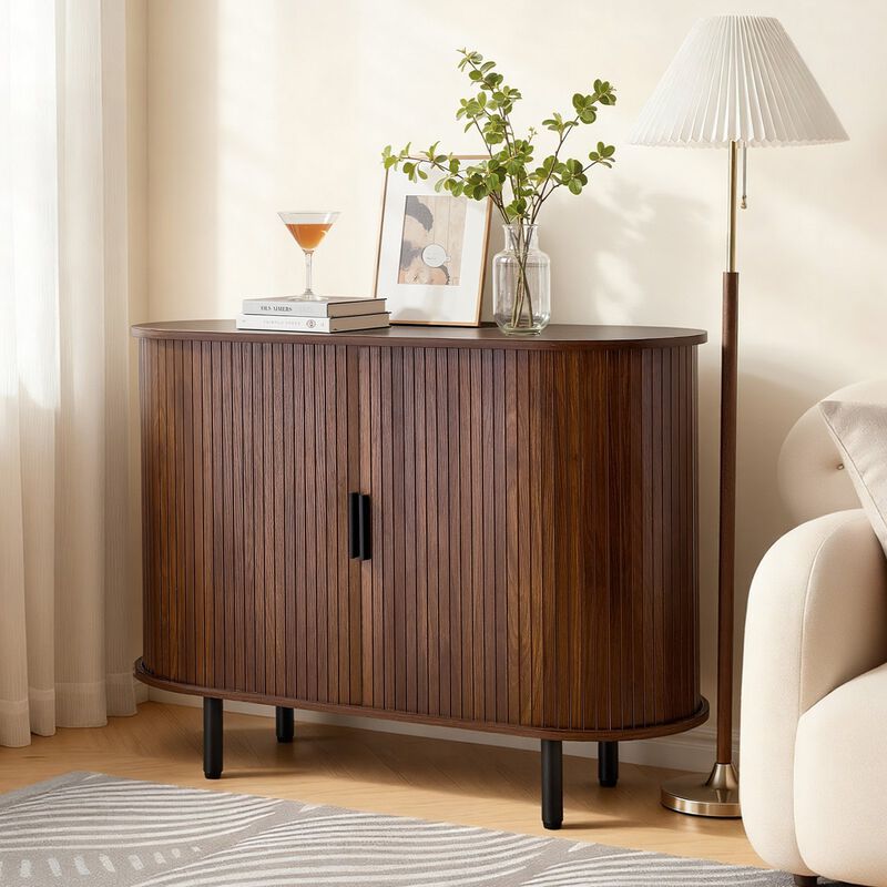 Mid Century Fluted Coffee Bar Cabinet with 2 Sliding Doors Walnut image number 1