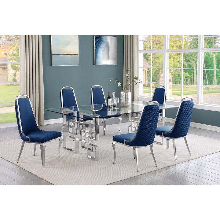 7-piece glam dining set with 6 Navy blue chairs and one 95" glass dining table