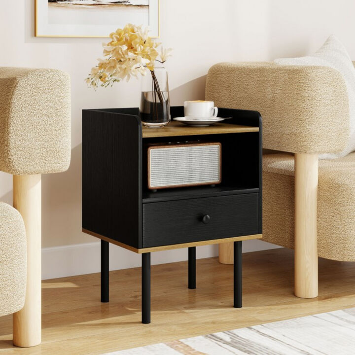 Bedside Nightstand with Storage Drawer and Open Shelf for Bedroom-Black