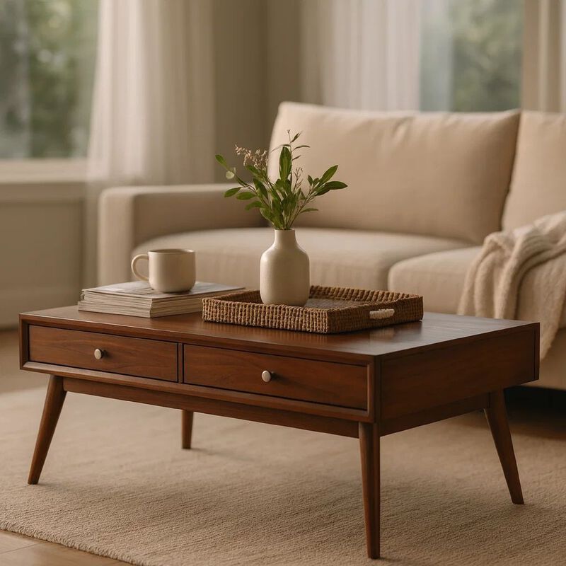 2 Drawer Wooden Coffee Table with Splayed Legs, Walnut Brown image number 7