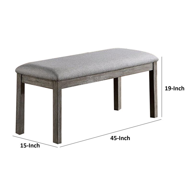 Lais 45 Inch Dining Bench, Wired Brushed Gray Wood, Gray Fabric Padded Seat - Benzara