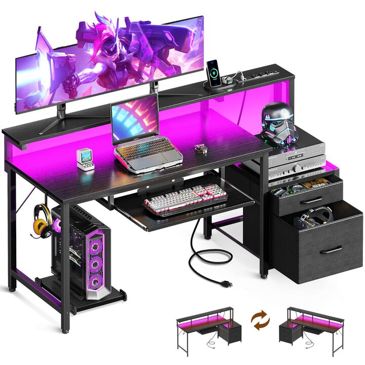 AODK 55-Inch Gaming Desk with Power Outlets & LED Light, Reversible PC Desk with Fabric Drawer and File Cabinet, Computer Desk w