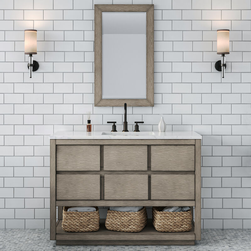 Oakman 48 In. Single Sink Carrara White Marble Countertop Bath Vanity in Grey Oak