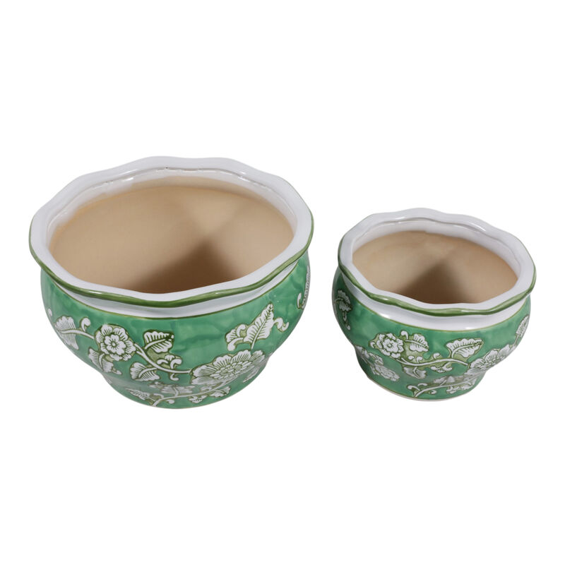 Cer, S/2 6/8" Round Chinoisere Planters, Green image number 4