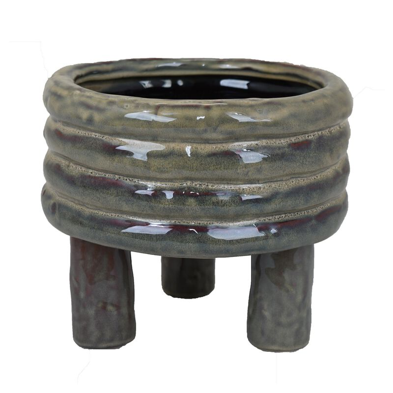 Garden Planter, Decorative Turned Style Glossy Gray Ceramic, 10 Inch - Benzara