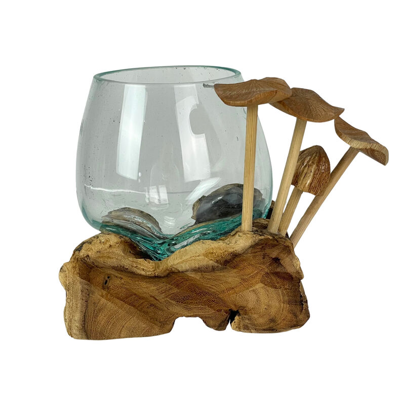 Handcrafted Glass Vase with Teak Driftwood and Wood Mushroom Embellishments image number 3