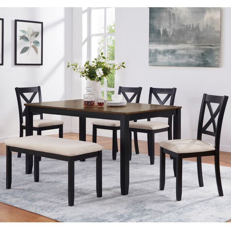 6 Piece Dining Table Set with Bench, rectangular wood dining table set for 6, farmhouse dining table set, timeless dining furniture image number 1