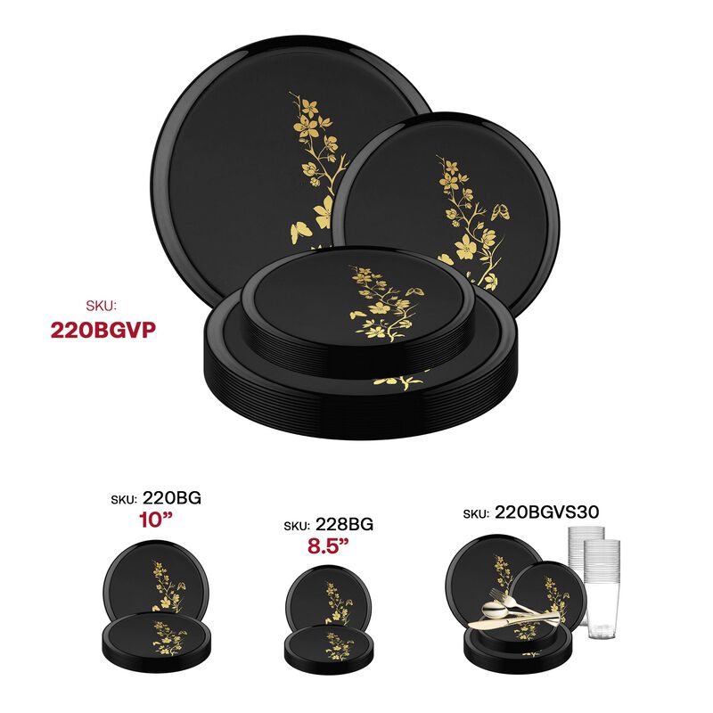 Black with Gold Floral Plastic Dinnerware Value Set (120 Sets) image number 4