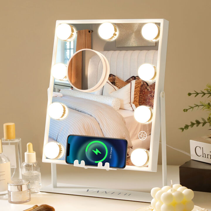 10''*12''Hollywood Makeup Vanity Mirror 9 LED Blubls with Buletooth Wireless Charging White