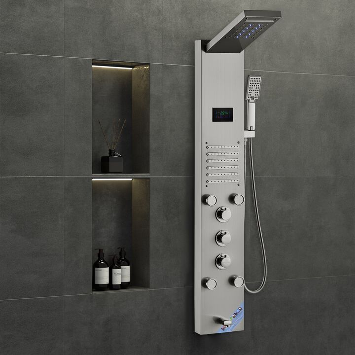 Stainless Steel Shower Panel Tower with 6 Shower Modes, Handheld, Tub Spout-Silver