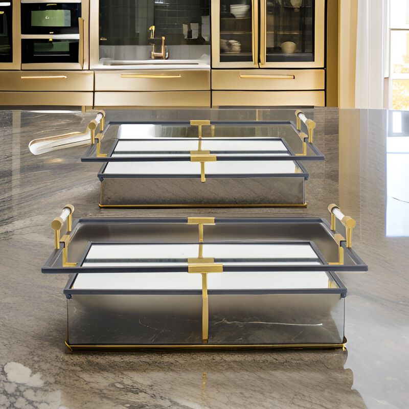 21, 27 Inch Set of 2 Decorative Trays with Mirror, Modern Frame, Gold, Black - Benzara