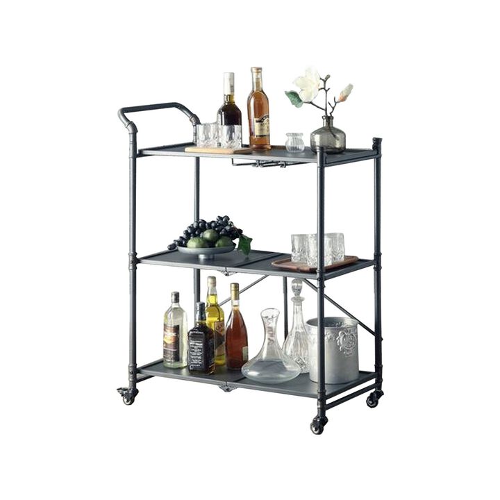 3 Tier Foldable Serving Cart with Pipe Style Metal Frame, Gray-Benzara