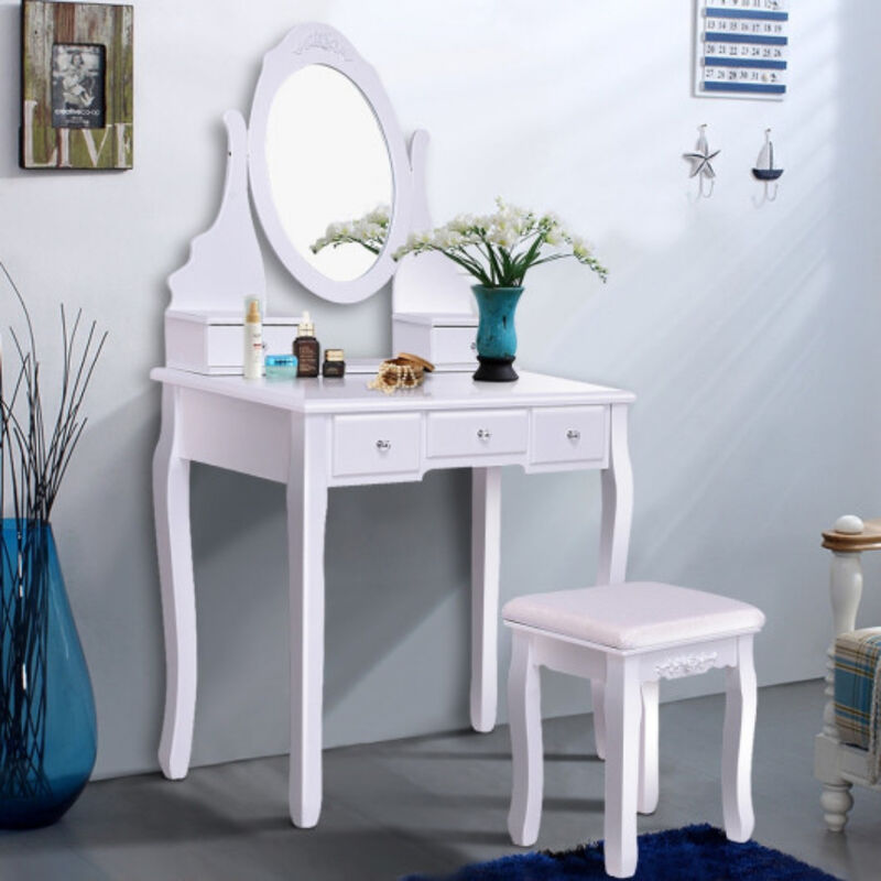 Wooden Vanity Set with 360° Rotating Oval Mirror and Cushioned Stool