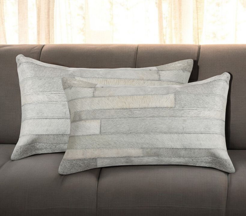 HomeRoots Set of Two 12" X 20" Gray Patchwork Cowhide Lumbar Throw Pillows