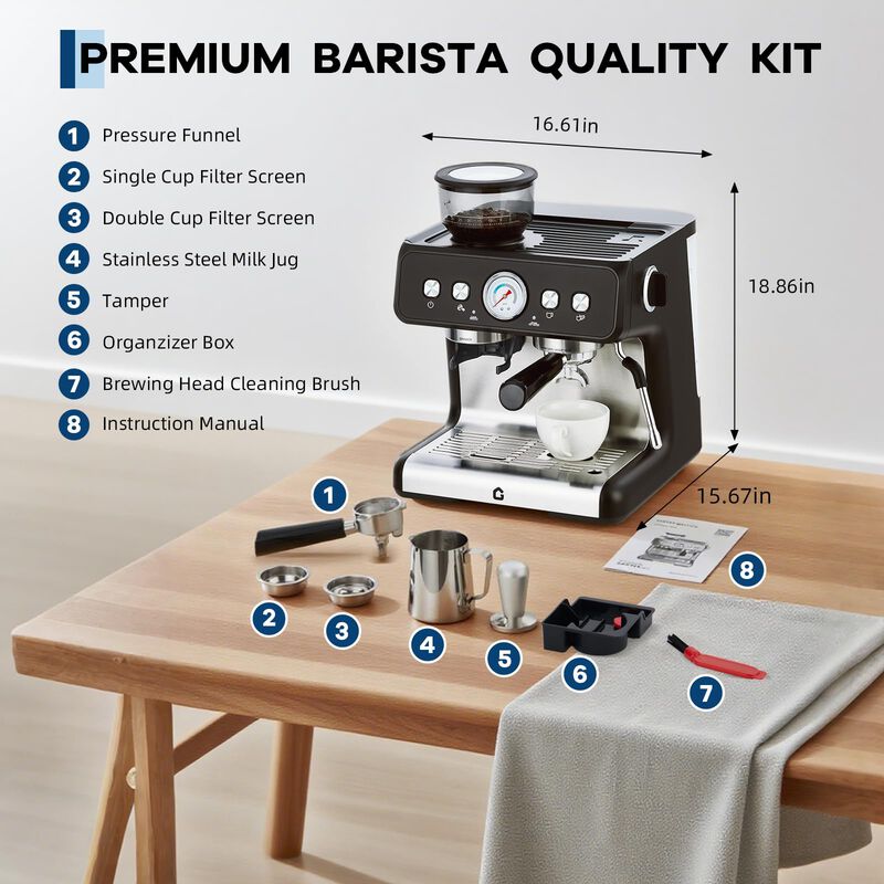 20 Bar Coffee Machine with Built-in Grinder, Stainless Steel, Steam Wand, 2.8L Tank &ndash; Home&Office image number 4