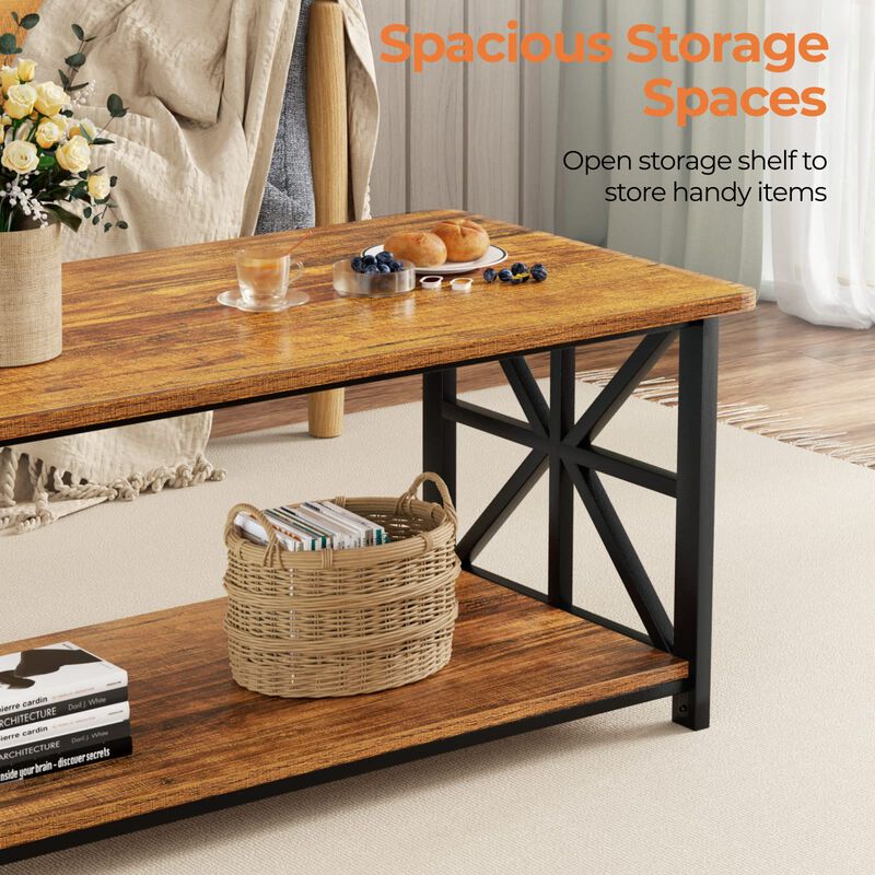GreenForest Coffee Table with Round Corner, Farmhouse Center Table with 2-Tier Storage Shelf X-Frame Design for Living Room, 39