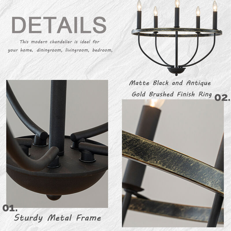 26'' 5-Light Modern Matt Black Classic Candelabra Chandelier Industrial Candle Pendant Light For Living Room Dining Room And Entryway image number 4