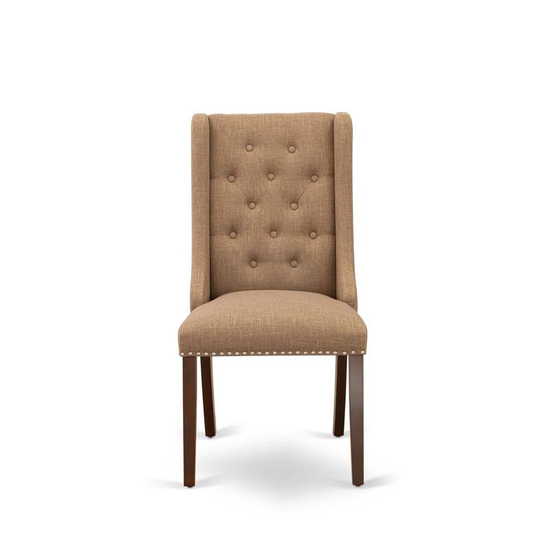 FOP3T47 Dining Chairs - Light Sable Linen Fabric Parson Dining Chairs and Button Tufted Back with Mahogany Rubber Wood Legs - Dining Chair Set of 2 - Set of 2