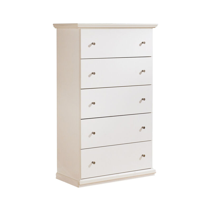 Twik Tall Dresser Chest, 5 Storage Drawers, White Molded Trim Details - Benzara