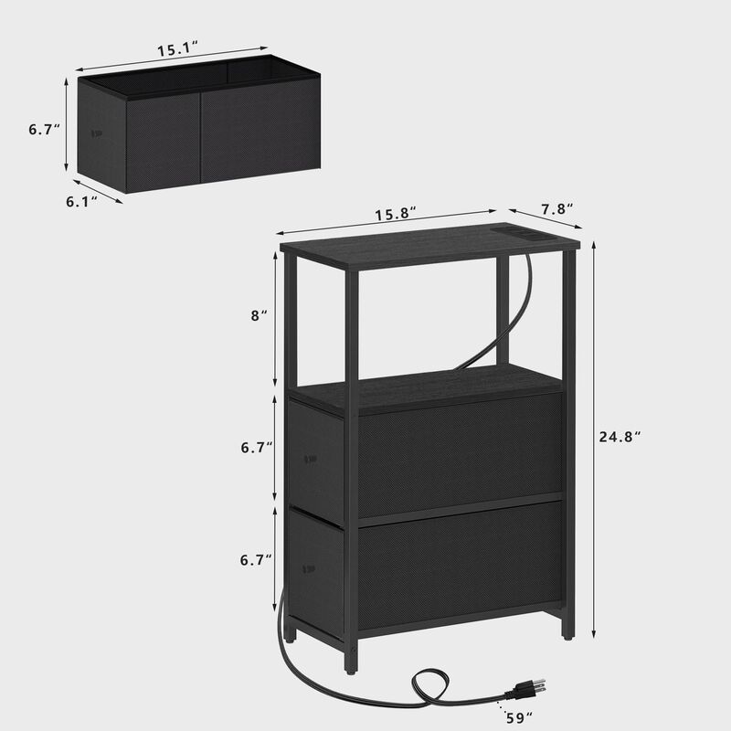 TUTOTAK Small Narrow LED End Table with Charging Station, Side Table Outlets, Nightstand with 2 Cloth Drawers, Set of 2, Couch T