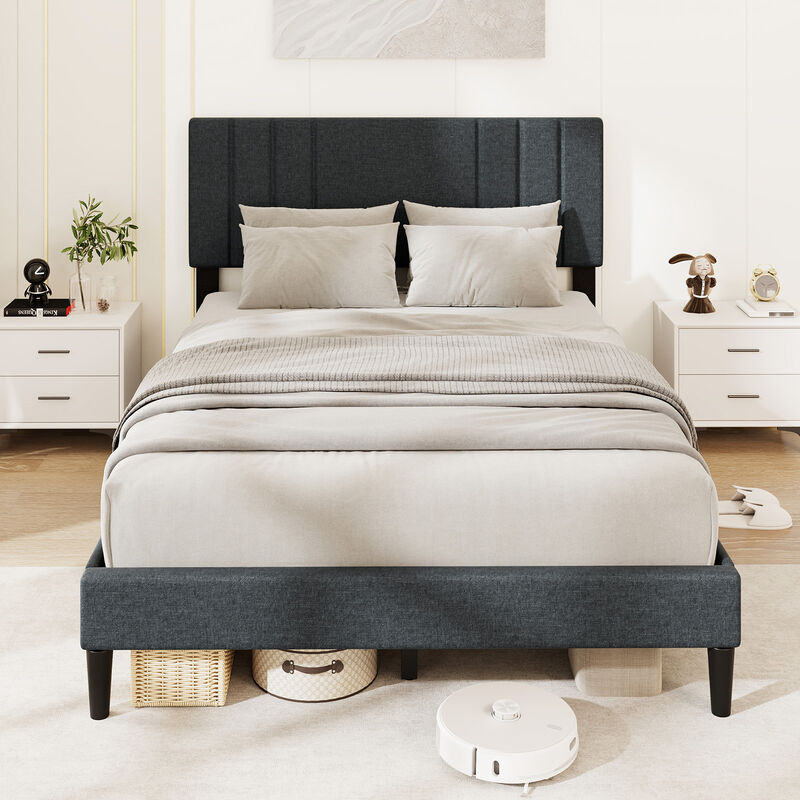 Tufted Headboard Bed Frame with Vertical Panels and Wood Slats for Support