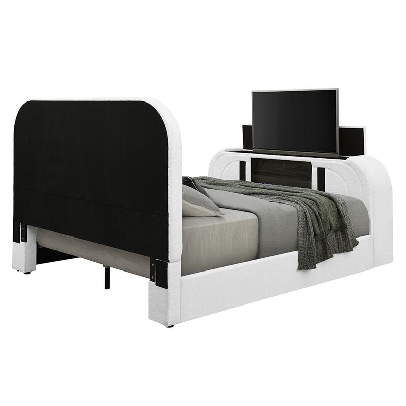 Kery King LED Bed w TV Cabinet, Fireplace, White Teddy Sherpa Upholstery image number 3