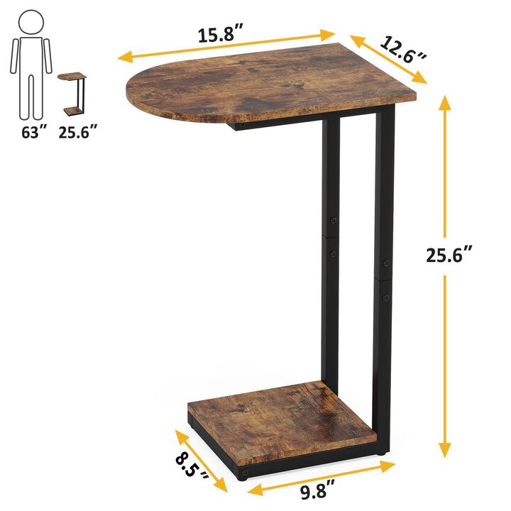Hosfais Side Table Small End Table: C-Shaped Wood Sofa Table with Metal Frame for Living Room, Bedroom, Small Spaces (Rustic Bro