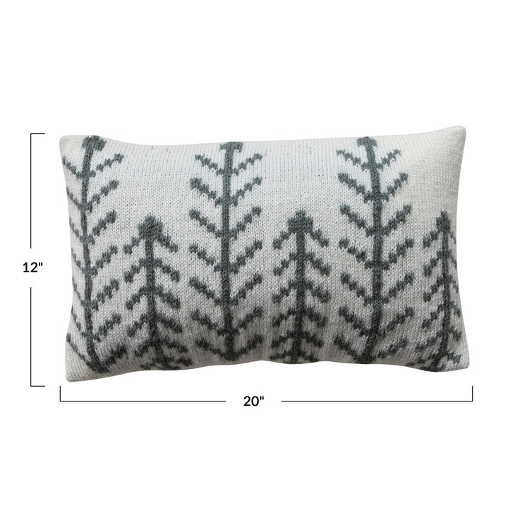 Embroidered Acrylic Blend Lumbar Pillow with Cotton Slub, Cream and Grey