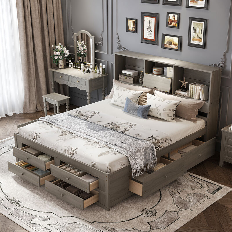 Merax Platform Bed with Storage Headboard and 8 Drawers image number 2
