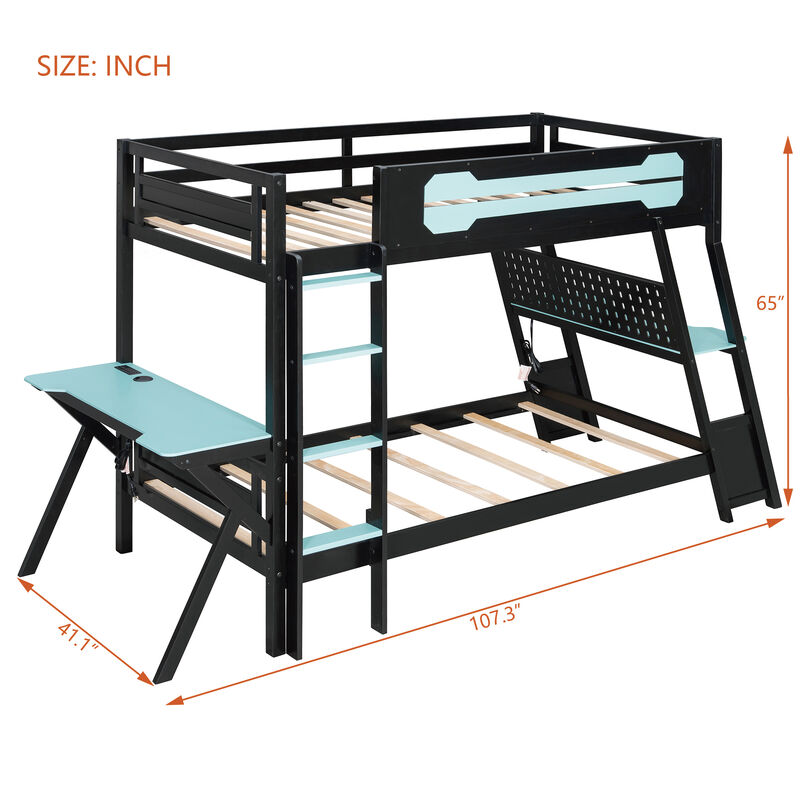Merax E-Sports Themed Twin over Full Bunk Bed with Dual Gaming Desks image number 4