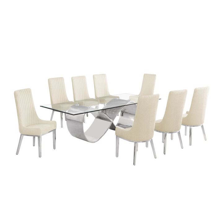 Best Quality Furniture 9Pc Tempered Glass Dining Set 8 Cream Boucle Side Chairs And Silver Base