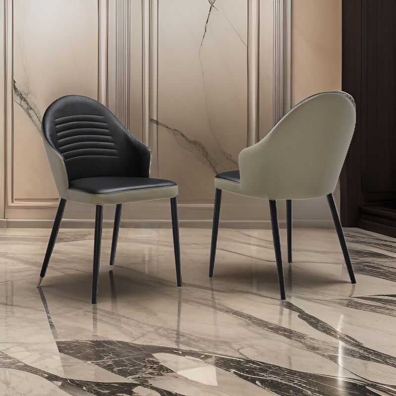 Nia 22 Inch Dining Chair Set of 2, Curved, Tufted Gray Faux Leather, Black - Benzara