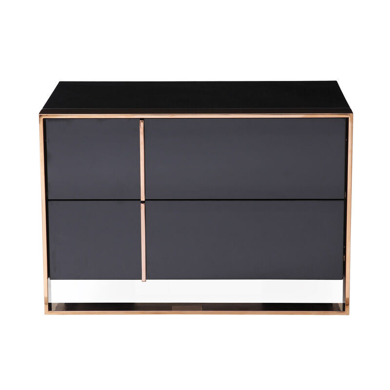 Caer Nightstand, 2 Drawers, Modern Rose Gold Stainless Steel, Black - Benzara