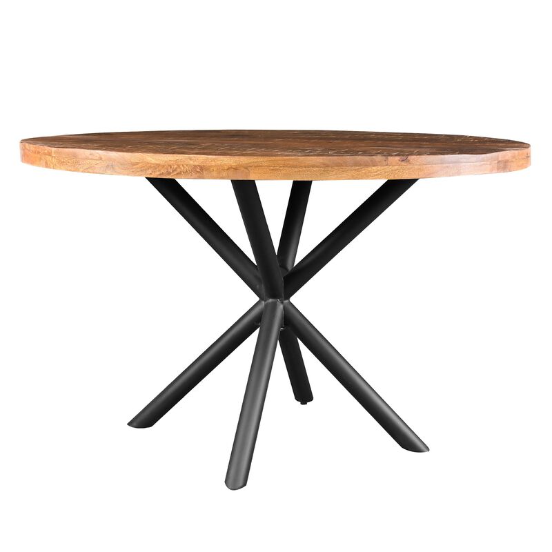 48 Inch Handcrafted Dining Table, Solid Mango Wood Round Top with Iron Crisscrossed Legs, Natural Brown and Black-Benzara image number 2