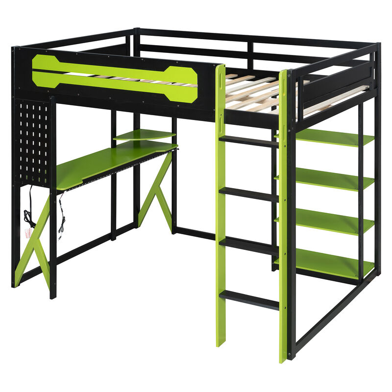Merax Full Size Wood Loft Bed with Desk, Shelves, Power Outlet image number 0
