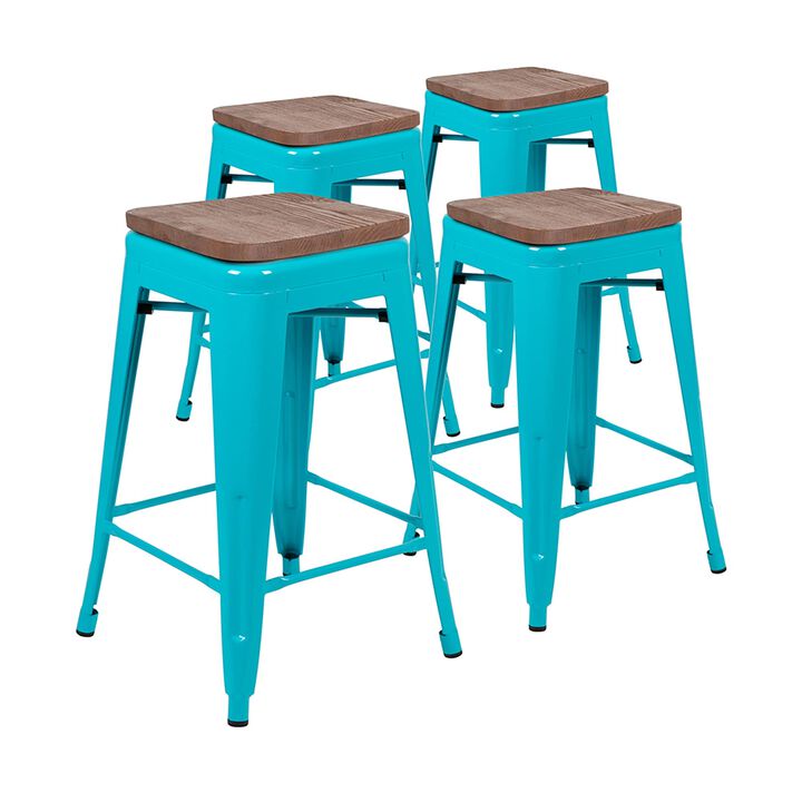 Flash Furniture Lily 24" High Metal Counter-Height, Indoor Bar Stool with Wood Seat in Teal - Stackable Set of 4