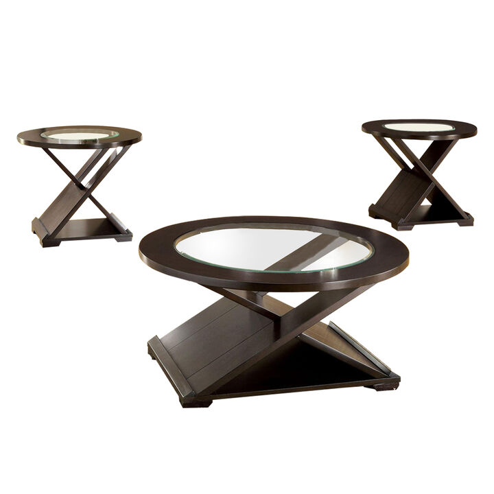 3 Piece Round Glass Coffee Table and End Table with X Shaped Base, Brown