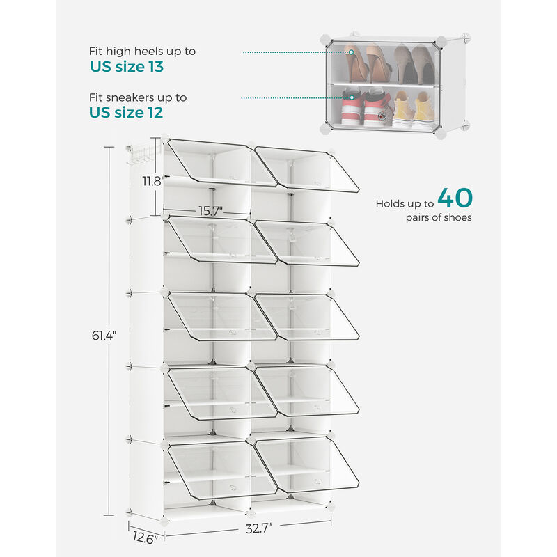 10-Cube Shoe Organizer with Doors &ndash; Modular Shoe Storage Cabinet Holds Up to 40 Pairs for Entryway or Closet