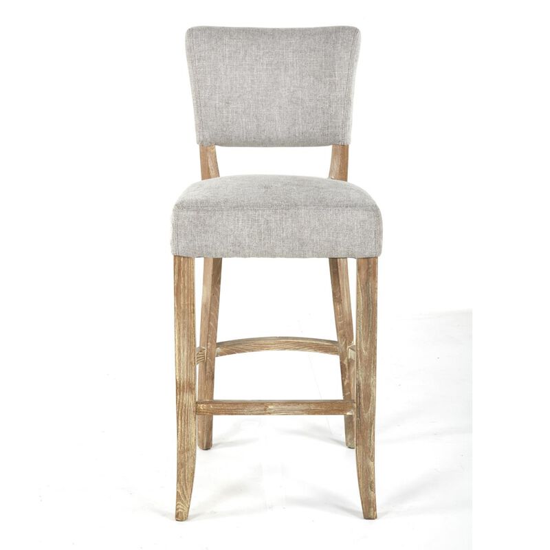 Ryna Barstool Chair, Plush Light Gray Fabric, Washed Oak Solid Wood