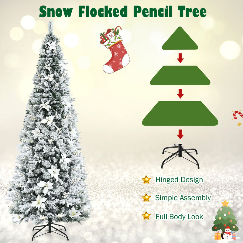 Snow Flocked Christmas Pencil Tree with Berries and Poinsettia Flowers